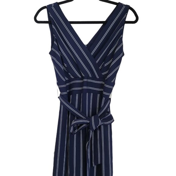 Antonio Melani Sleeveless Dress size 4 Navy Blue White Stripe Belted V Neck - Picture 2 of 12